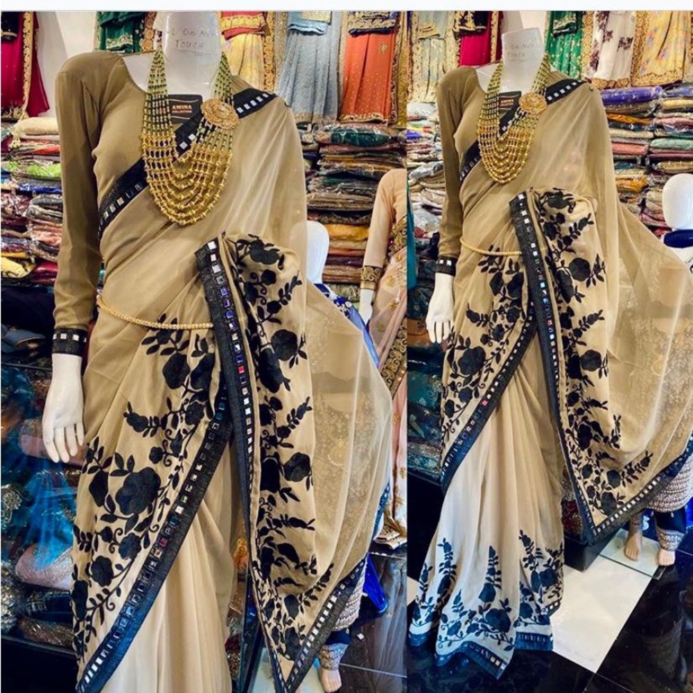 Brand New Elegant Beige and Black Embroidered Saree